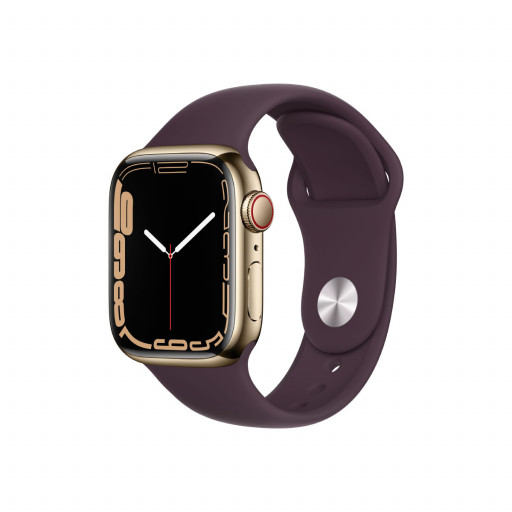 Apple Watch Series 7 Cellular 41 mm – Rustfritt stål i Gull med Mørk Kirsebær Sport Band