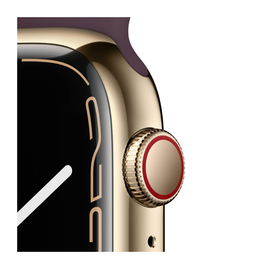 Apple Watch Series 7 Cellular 45 mm – Rustfritt stål i Gull med Mørk Kirsebær Sport Band