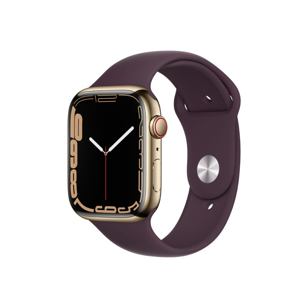 Apple Watch Series 7 Cellular 45 mm – Rustfritt stål i Gull med Mørk Kirsebær Sport Band