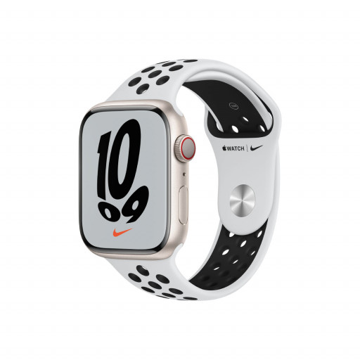 Apple Watch Nike Series 7 Cellular 45 mm – Aluminium i Stjerneskinn med Pure Platinum/Black Sport Band